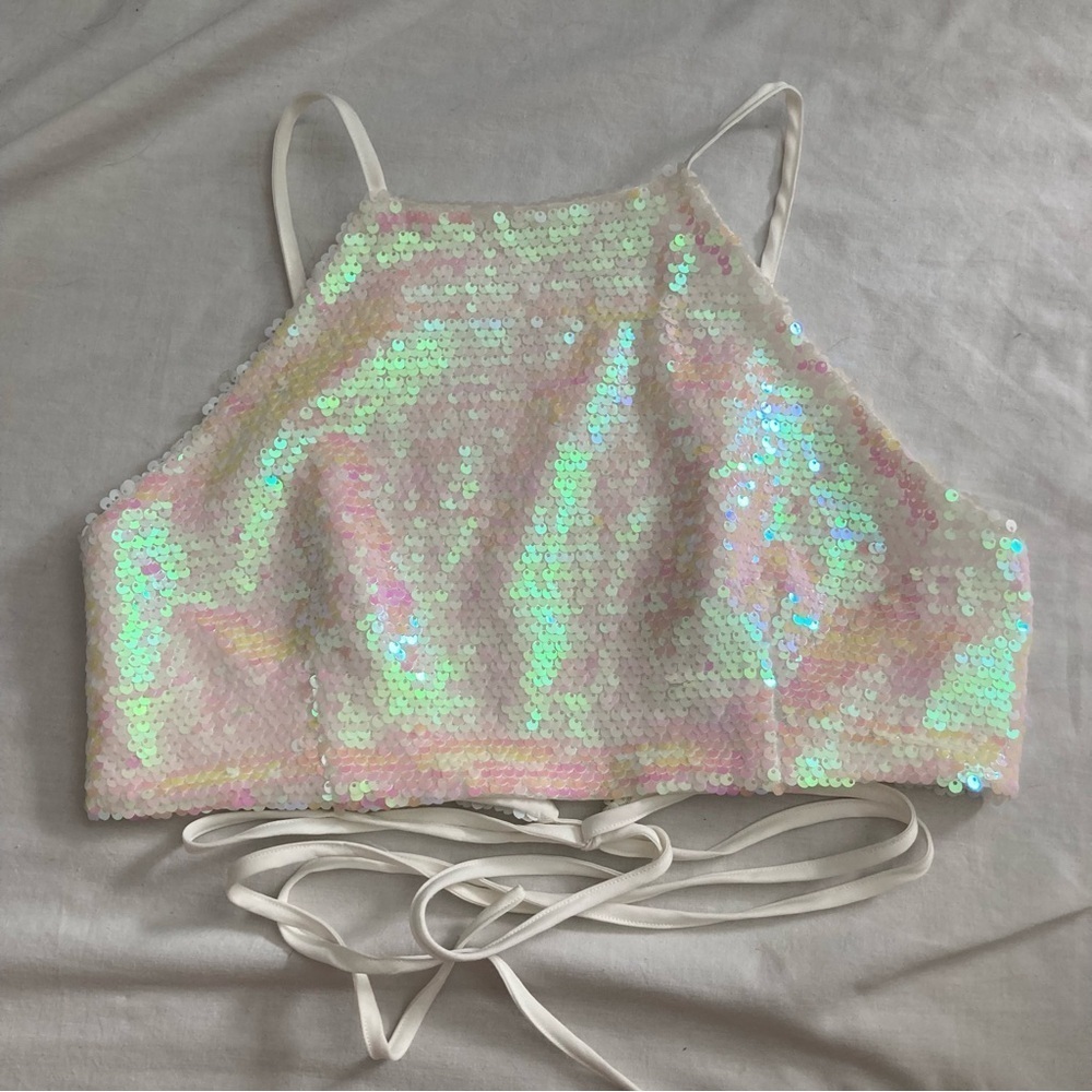 Superdown Green and Pink Sequin Tie Front Tank Top